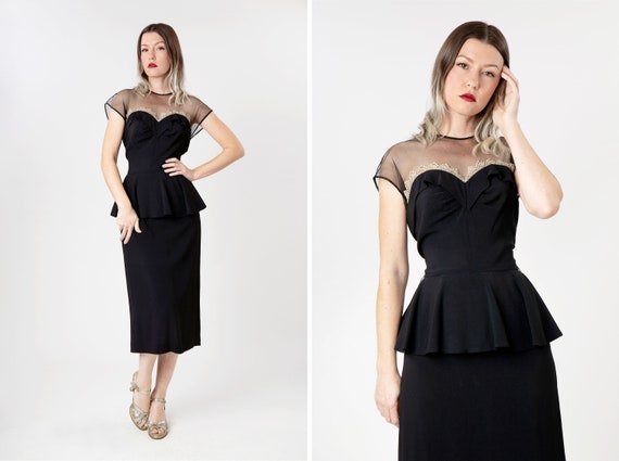 Vintage 1940s / 1950s Black Rayon and Mesh Peplum