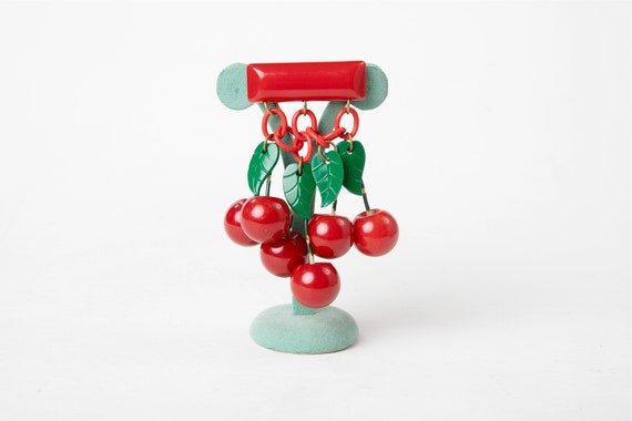 Vintage 1940s Red Bakelite Cherry Dangle Brooch wi