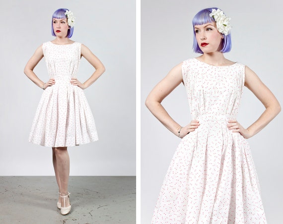 Vintage 1950s White Cotton and Red Polkadot Sun Dr