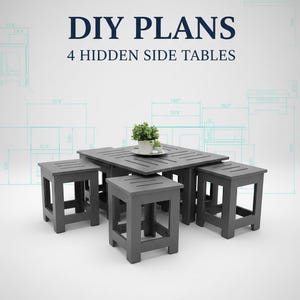 May include: DIY plans for 4 hidden side tables. The image shows a set of four gray side tables, including a larger square table and three smaller square stools. The tables have a slatted design on the tabletop. A small plant sits on the table.