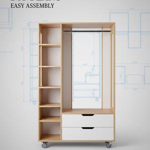 May include: A light wood DIY wardrobe with white drawers and shelves. The wardrobe has a hanging rod and is on wheels. The text "DIY PLANS EASY ASSEMBLY" is at the top. The wardrobe is 15 inches wide.