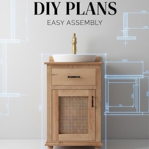 Puede incluir: Un mueble de baño de madera clara con un lavabo de cerámica blanca y un grifo dorado. El mueble tiene un cajón, una puerta tejida y patas decorativas. El texto en la imagen dice "DIY PLANS EASY ASSEMBLY".