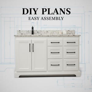 May include: White bathroom vanity with a granite countertop and black hardware. The vanity has two doors and six drawers. The text "DIY PLANS EASY ASSEMBLY" is displayed above the vanity.