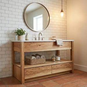 May include: A wooden bathroom vanity with a marble countertop, a round mirror, and a white brick wall. The vanity has two drawers and an open shelf with a woven basket and jars. A towel hangs on the countertop.