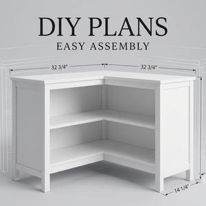 Planos para estantería de esquina - Almacenamiento de esquina en forma de L - Plano de carpintería para bricolaje - Descarga en PDF.