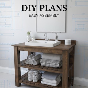 May include: A dark brown wooden vanity with a white sink, mirror, and shelving. The vanity has a slatted bottom shelf and holds rolled and folded gray towels, and wire baskets. The text "DIY PLANS EASY ASSEMBLY" is above the mirror.