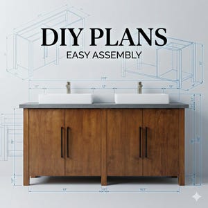 以下が含まれることがあります： 2つの白い長方形の洗面台と黒いハンドルが付いた木製のダブル洗面化粧台。洗面化粧台は灰色のカウンタートップで、「DIY PLANS EASY ASSEMBLY」というテキストが表示されています。寸法はcmで表示されます。