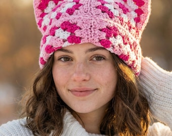 Patrón de gorro de ganchillo con orejas de gato "Abuelita" (tamaño adulto) (Descarga PDF)