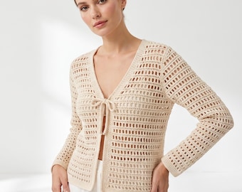 Boho Netz häkeln Strickjacke Muster PDF - leichter Sommerpullover mit V-Ausschnitt, XS-5XL, Instant Download
