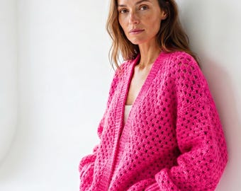 Patrón de cárdigan de crochet hexagonal / Punto abuela, manga globo (patrón PDF para tallas XS-3XL)