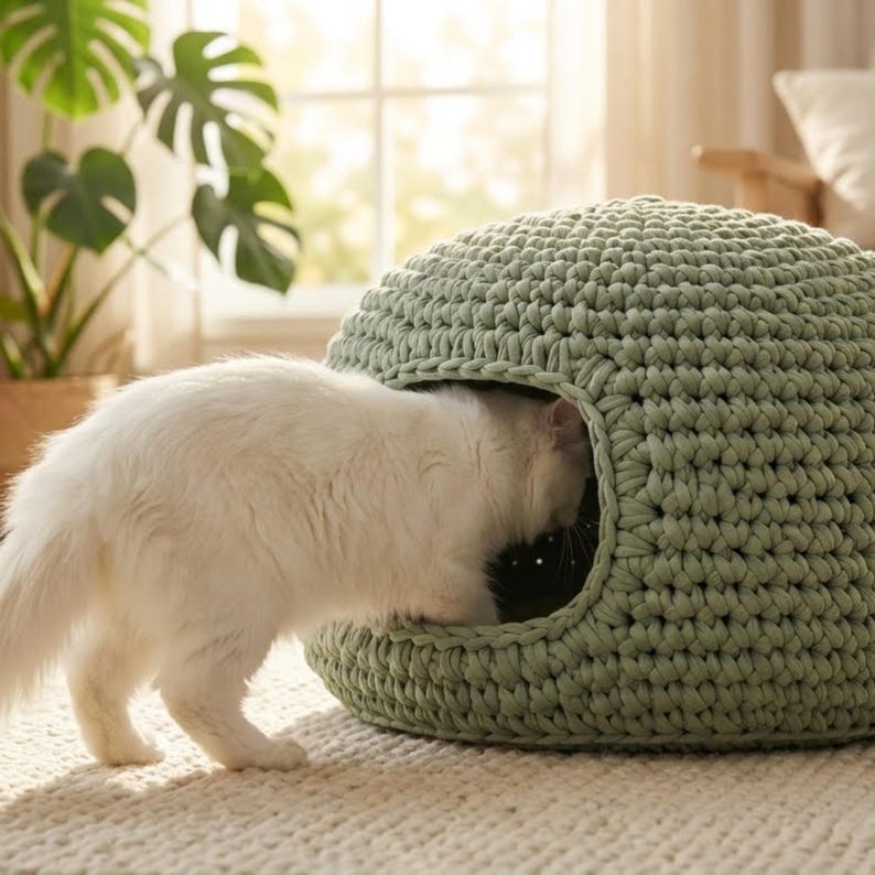 Crochet Cat Cave Pattern PDF, DIY Chunky T-shirt Yarn Pet Bed, Modern ...