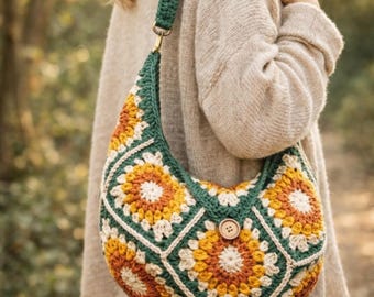 Sunflower Grandma Square Crochet Bag Muster | Boho Geldbörse (PDF Download)