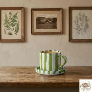 May include: A white ceramic mug and saucer set with vertical green stripes. The mug has a curved handle and is filled with a brown liquid. Three framed botanical prints hang on the wall behind the mug.