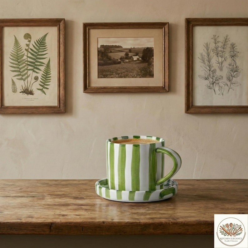 May include: A white ceramic mug and saucer set with vertical green stripes. The mug has a curved handle and is filled with a brown liquid. Three framed botanical prints hang on the wall behind the mug.