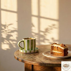 May include: A ceramic mug with green and white vertical stripes, filled with coffee, sits on a matching saucer. A slice of carrot cake with cream cheese frosting and walnuts is on a small plate. The items are on a wooden table.