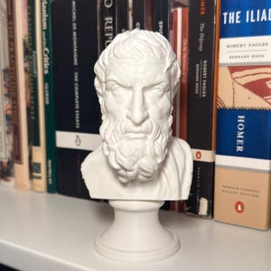 May include: A white matte bust sculpture of a bearded man with a furrowed brow and textured hair, mounted on a circular pedestal base. The figure features detailed facial expressions, including deep-set eyes and a thick, wavy beard, rendered in a solid, monochromatic white finish.