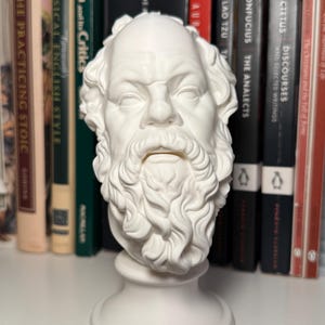 Puede incluir: Un busto blanco mate del filósofo Sócrates, que presenta una representación detallada de sus rasgos faciales, incluyendo una frente prominente, ojos hundidos y una barba espesa y ondulada. La escultura está montada sobre una base circular.