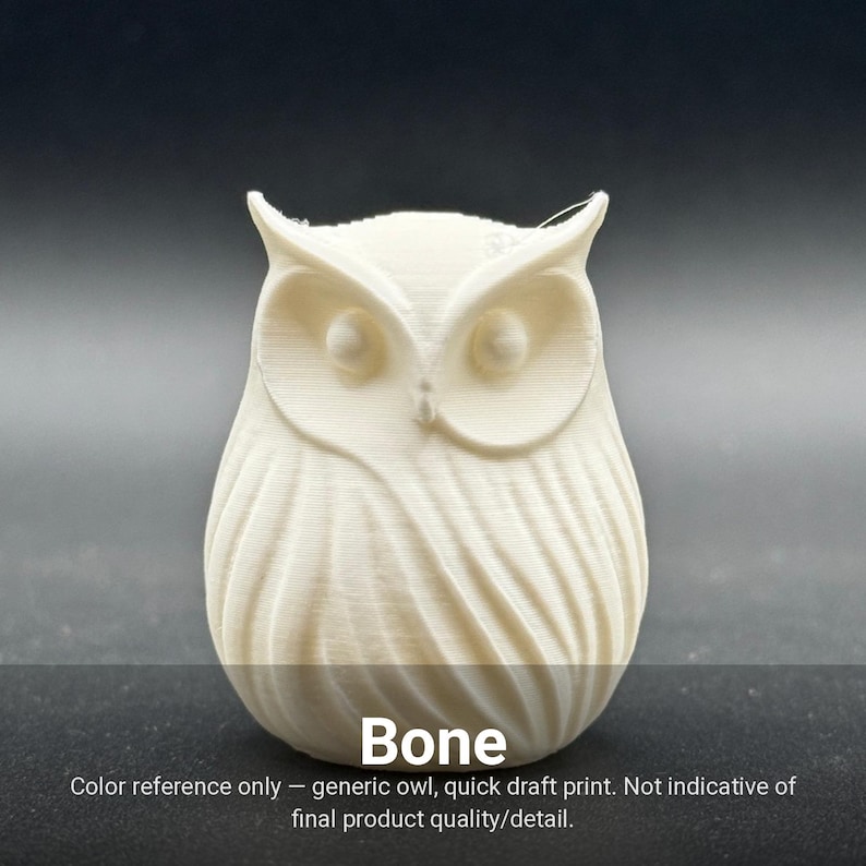 May include: A small, off-white, 3D-printed owl figurine with a smooth, rounded body and textured feather details. The owl features prominent ear tufts and large, circular eyes. The text "Bone" is printed at the bottom of the image.