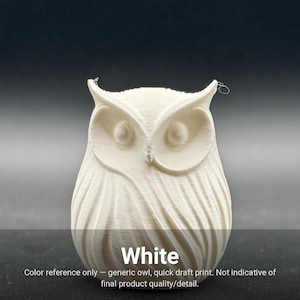 May include: A white 3D printed owl figurine with a smooth, layered texture and prominent circular eyes. The base of the owl features a swirling, feather-like pattern. The text "White" is printed at the bottom, followed by "Color reference only &mdash; generic owl, quick draft print. Not indicative of final product quality/detail."