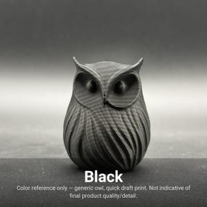 May include: A matte black owl figurine featuring a textured surface with visible horizontal print lines. The owl has large, rounded eye sockets and pointed ear tufts. The text "Black" is printed below the owl, followed by "Color reference only - generic owl, quick draft print. Not indicative of final product quality/detail."