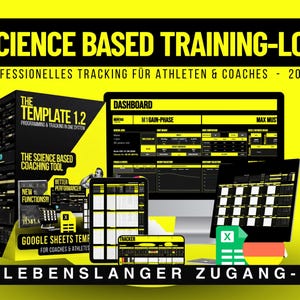 Puede incluir: Un sistema de registro de entrenamiento digital con un esquema de color amarillo y negro. La pantalla muestra un panel con tablas de datos, gráficos y herramientas de seguimiento para atletas y entrenadores, etiquetado como Science Based Training-Log.