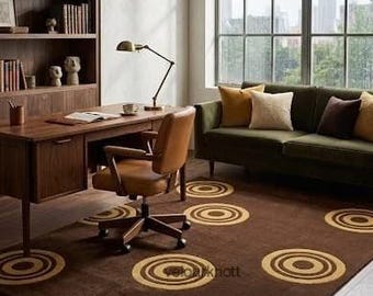 Retro Mid Century Modern Tufted Rug, Brown Geometric Area Rug, 70s Circle Pattern Handmade Custom Carpet for Office7X9 / 5X8 .