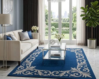 Handmade Tufted Royal Blue Rug, Elegant Floral Border Area Carpet, Classic Vintage Room Decor7DX9 | 5X9 .