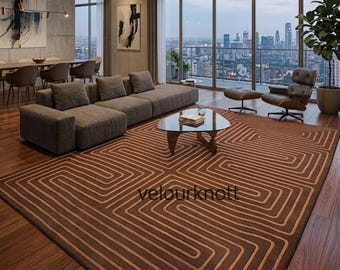 Ręcznie robiony pikowany dywan, brązowy dywan z geometrycznym wzorem, wystrój salonu w stylu Mid-Century Modern, niestandardowy minimalistyczny dywan retro 7X9/5X9.