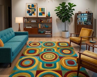 Dywan 7X7 w stylu Mid Century Modern, kolorowy, geometryczny dywan w stylu retro, wystrój pokoju w stylu lat 70., ręcznie robiony dywan do salonu w stylu vintage, 6X9.