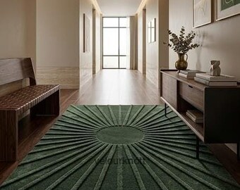 Emerald Green Tufted Rug Geometric Sunburst Handmade Area Rug Modern Mid Century Carpet Textured Custom Living Room Decor 5X8 | 3X9 .