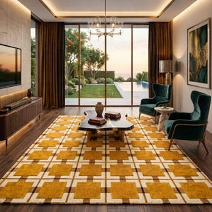 May include: A luxurious living room featuring a large, patterned rug in shades of gold and cream. Two teal armchairs face a dark wood coffee table. Large windows offer a view of a pool and manicured lawn.