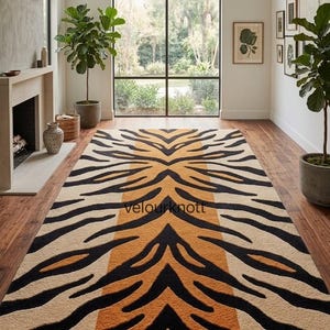 Large Handmade Tufted Tiger Print Rug, Wool Area Rug, Orange & Black Abstract, Modern Eclectic Decor 5X9/7X9 .