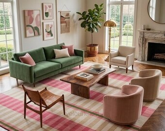 7X9Ręcznie robiony różowo-brązowy kraciasty dywan wełniany, ręcznie tuftowany - dywan do salonu z geometrycznym wzorem w kratkę - wystrój w stylu Mid Century Modern Boho 6X6.