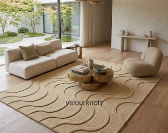 Hand Tufted Beige Wavy Rug, 3D Textured Minimalist Area Rug, Sculpted Custom Living Room Rug, Japandi Aesthetic Decor5X7 | 5X9 .