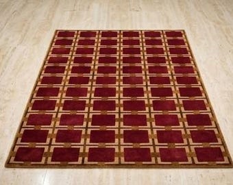 Dywan 6X9 z geometrycznym pikowaniem, dywan w kratkę w kolorze bordowo-czerwonym i beżowym, ręcznie robiony dywan w stylu Mid Century Modern do salonu i sypialni, dywan retro 7X10.