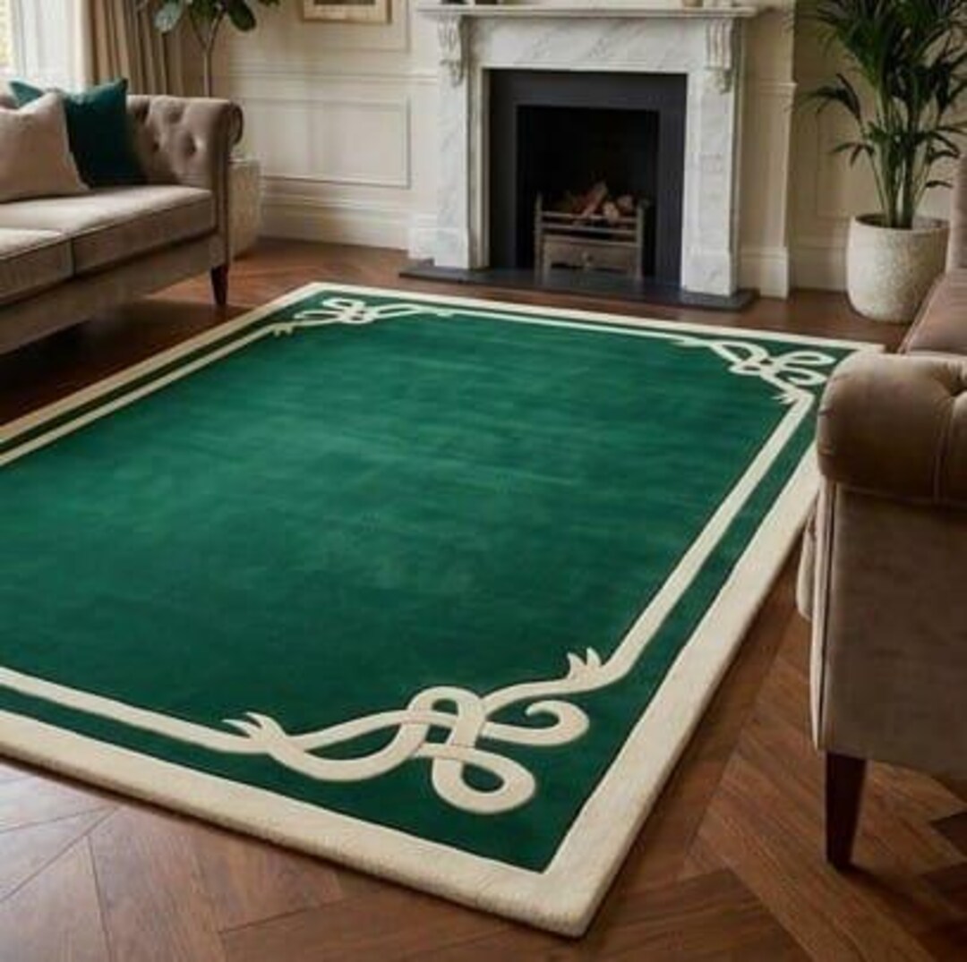 Emerald Green Hand-tufted Wool Area Rug | Ornate Scroll Border Floor ...