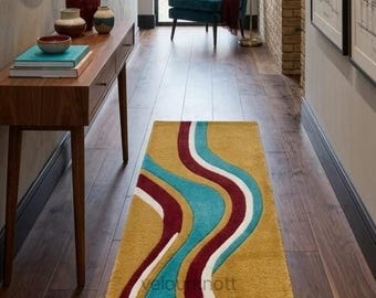 Dywan typu Wavy Runner w stylu Mid Century Modern, ręcznie robiony, pikowany, abstrakcyjny dywan do przedpokoju, mata podłogowa w stylu retro, musztardowo-turkusowa, 3 x 12 cali | 2,6 x 8 cali