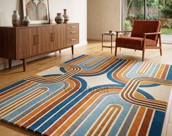 Dywan 6X9 w stylu Mid Century Modern, geometryczny dywan w stylu retro z lat 70., ręcznie robiony abstrakcyjny, niebiesko-pomarańczowy dywan do salonu, 5X8.