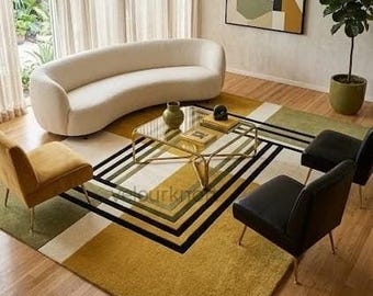 Abstrakcyjny wzór na dywanie pikowanym w kolorze chartreuse: geometryczny, zielony, czarny | Dywan podłogowy z pluszu w stylu Mid Century Modern 7X9/5X7.