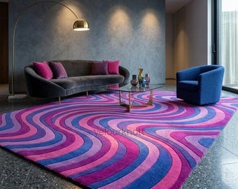 Ręcznie robiony, falisty dywan 9X12, dywan w stylu retro w fioletowo-różowym stylu abstrakcyjnym, wystrój w stylu maksymalistycznym, dywan w psychodelicznym stylu 6X10.