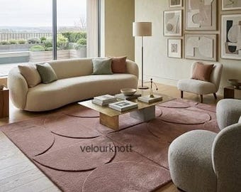 Pink Geometric rug ,  Handmade Tufted Rug3D Textured Carved Arch Carpet Modern Minimalist Aesthetic Living Room Area Rug5X9 | 7X10 .