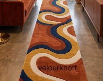 6X9Hand Tufted Wavy Runner Rug, Mid Century Retro 70s Hallway Rug, Abstract Groovy Tufted Carpet, Rust Navy Mustard Room Decor 5X8 .