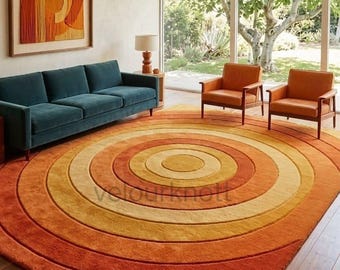 Dywan pikowany w stylu Mid Century Modern, pomarańczowy dywan z geometrycznymi motywami w stylu retro z lat 70., ręcznie robiony dywan z koncentrycznymi okręgami, wystrój w stylu maksymalistycznym 7X10/5X5.