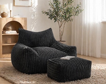 Ribbed Faux Fur Lounge Chair and Ottoman Set, Scandinavian Cozy Accent Furniture