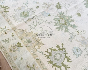 Alfombra Oushak verde salvia, alfombra turca hecha a mano, alfombra Oushak floral vintage, decoración neutra para sala de estar