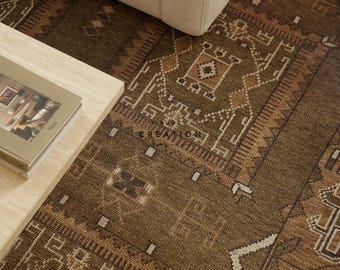 Alfombra Oushak vintage, alfombra turca marrón, alfombra hecha a mano, alfombra tribal de lana, alfombra de sala de estar de estilo antiguo