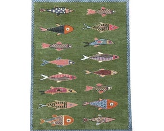 Koi Fish Runner Rug: Green Colorful Carpet Handmade Wool Area Rug