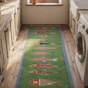 Koi Fish Runner Rug: Green Colorful Carpet Handmade Wool Area Rug image 8