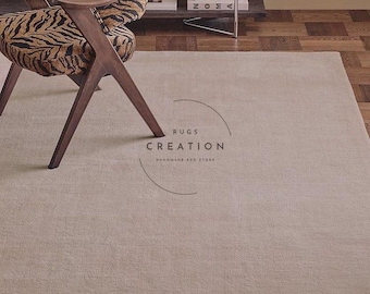 Alfombra minimalista beige tejida a mano, alfombra de lana neutra, alfombra moderna hecha a mano para sala de estar y dormitorio.
