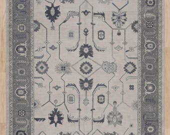 Alfombra moderna gris Oushak, alfombra anudada a mano, lana floral contemporánea, 8x10, 9x12, 10x14, 12x15. Alfombra grande para sala de estar, comedor y dormitorio.
